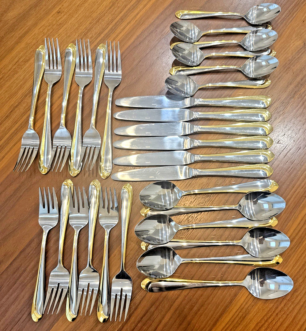 CAMBRIDGE STAINLESS FLATWARE SILVERWARE Knife/Fork/Spoon- 6 Settings Silver Gold